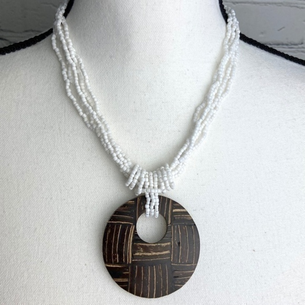 Wood Ring Pendant Necklace with White 5 Layer Seed Bead Bohemian Tribal Necklace